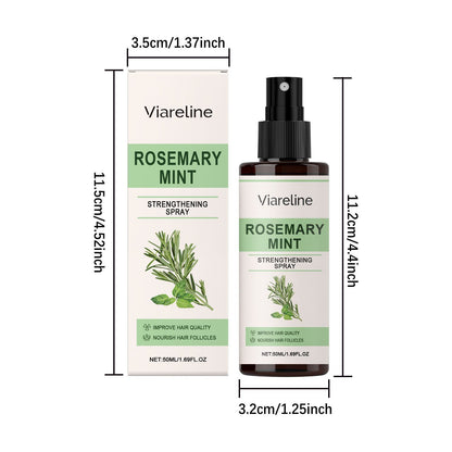 VIARELINE Rosemary Mint Infused Leave-In Hair Spray for All Hair Types - 50 ml with dimensions shown for easy reference.