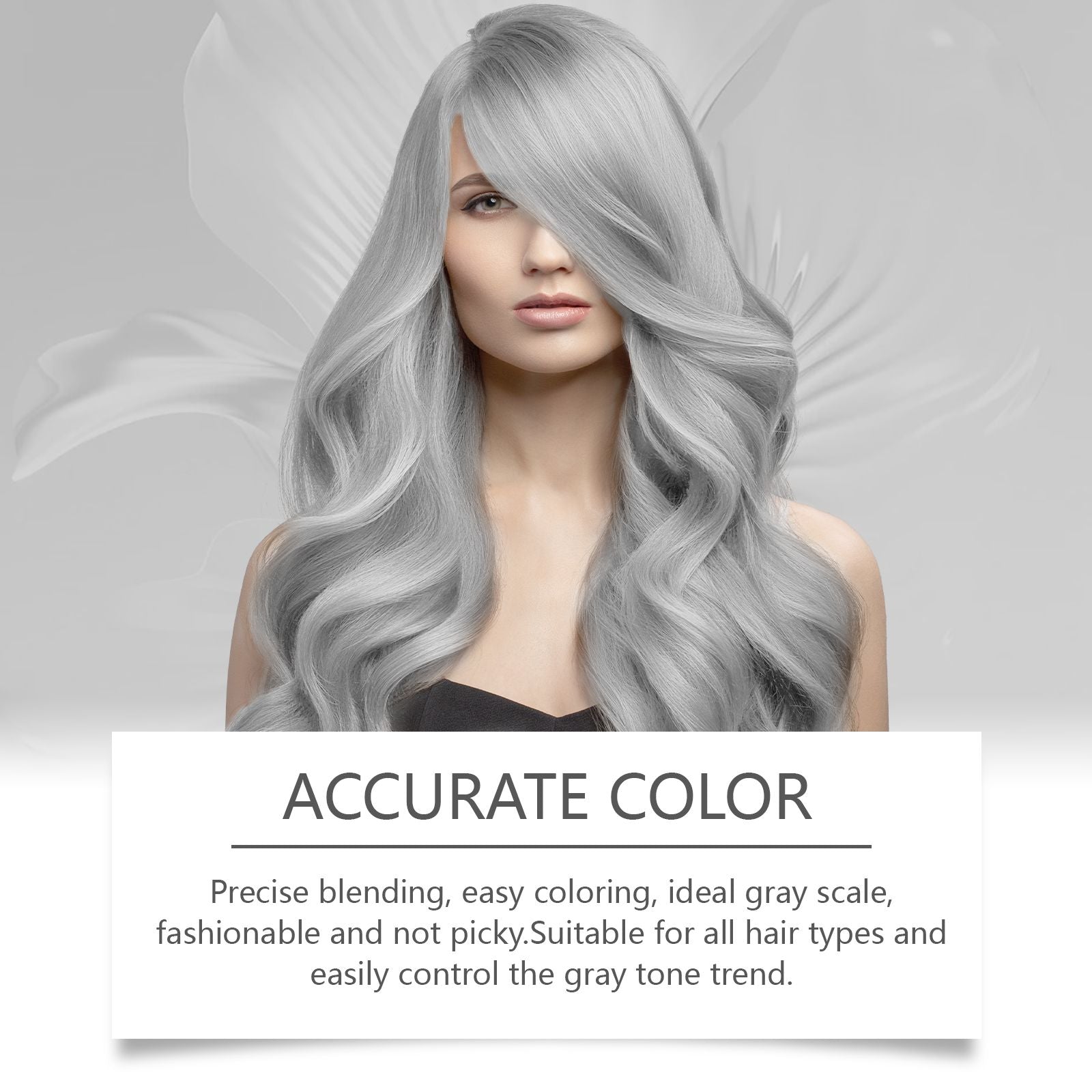 Model with stylish silver hair promoting accuracy in color blending using Vibrant Silver Hair Color Cream.