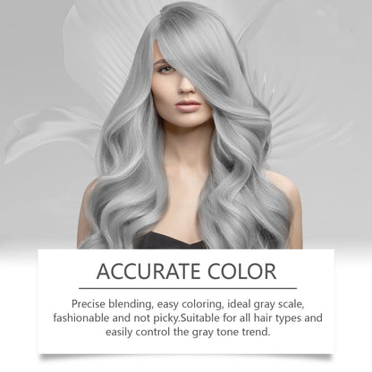 Model with stylish silver hair promoting accuracy in color blending using Vibrant Silver Hair Color Cream.