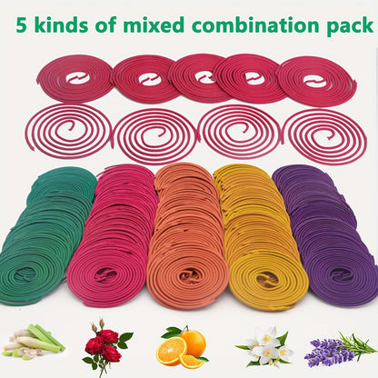 50pcs Spiral Incense Coils, Lemongrass, Rose, Jasmine, Lavender & Orange Aromatherapy, 3-4 Hour Burn mixed pack shown in rows of pink and green spiral coils