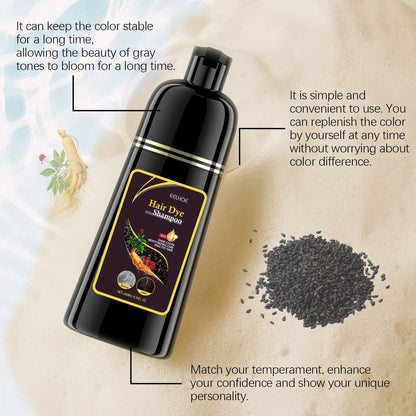 Natural 3-in-1 Hair Color Shampoo with Plant Extracts for Gray Coverage showing a beautifully designed bottle and packaging with natural extracts.