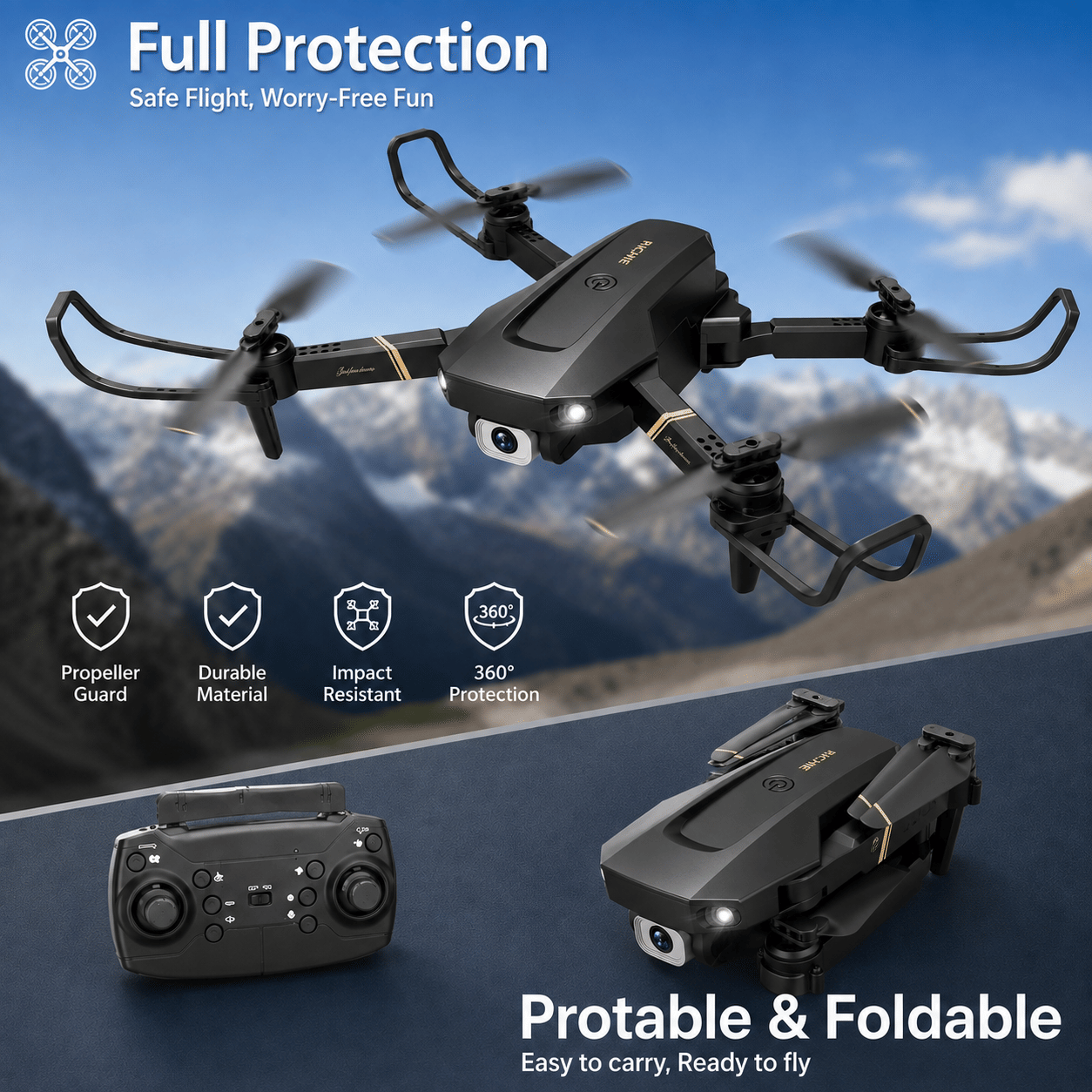 Advanced 1080P Camera Foldable RC Drone with Dual Batteries & Carry Case, showcasing full protection features like propeller guards and durable materials, perfect for worry-free flying, ideal for kids and beginners who enjoy 1080p camera drones.