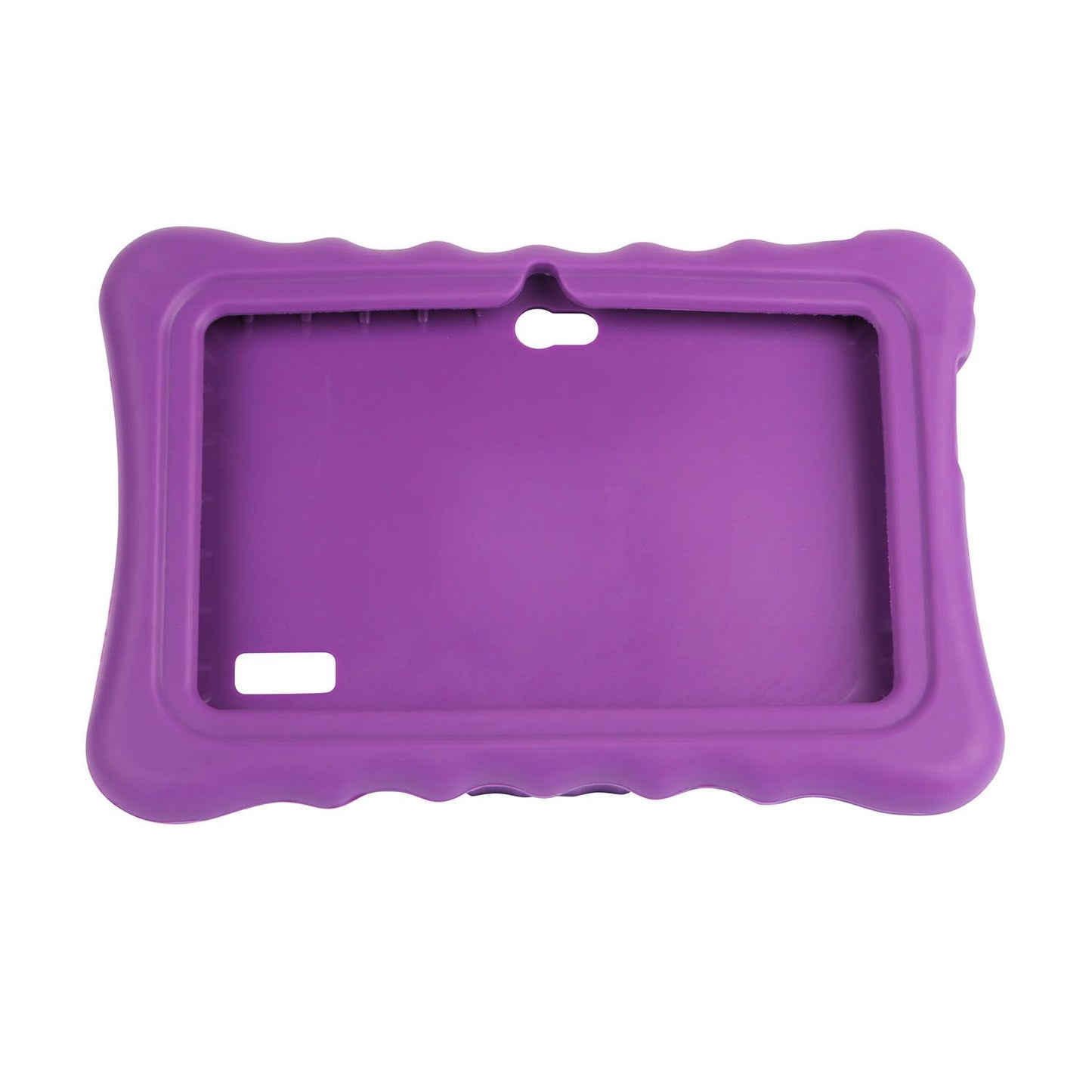 Side perspective of a silicone tablet case in purple, indicating its portability and lightweight build.