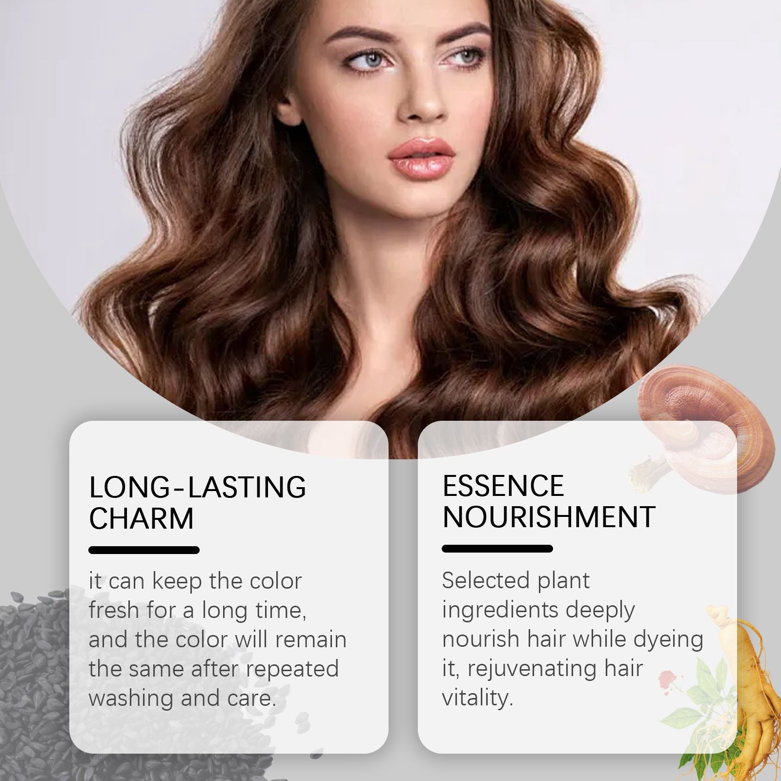 Natural 3-in-1 Hair Color Shampoo with Plant Extracts for Gray Coverage showcasing essence nourishment that rejuvenates hair vitality.