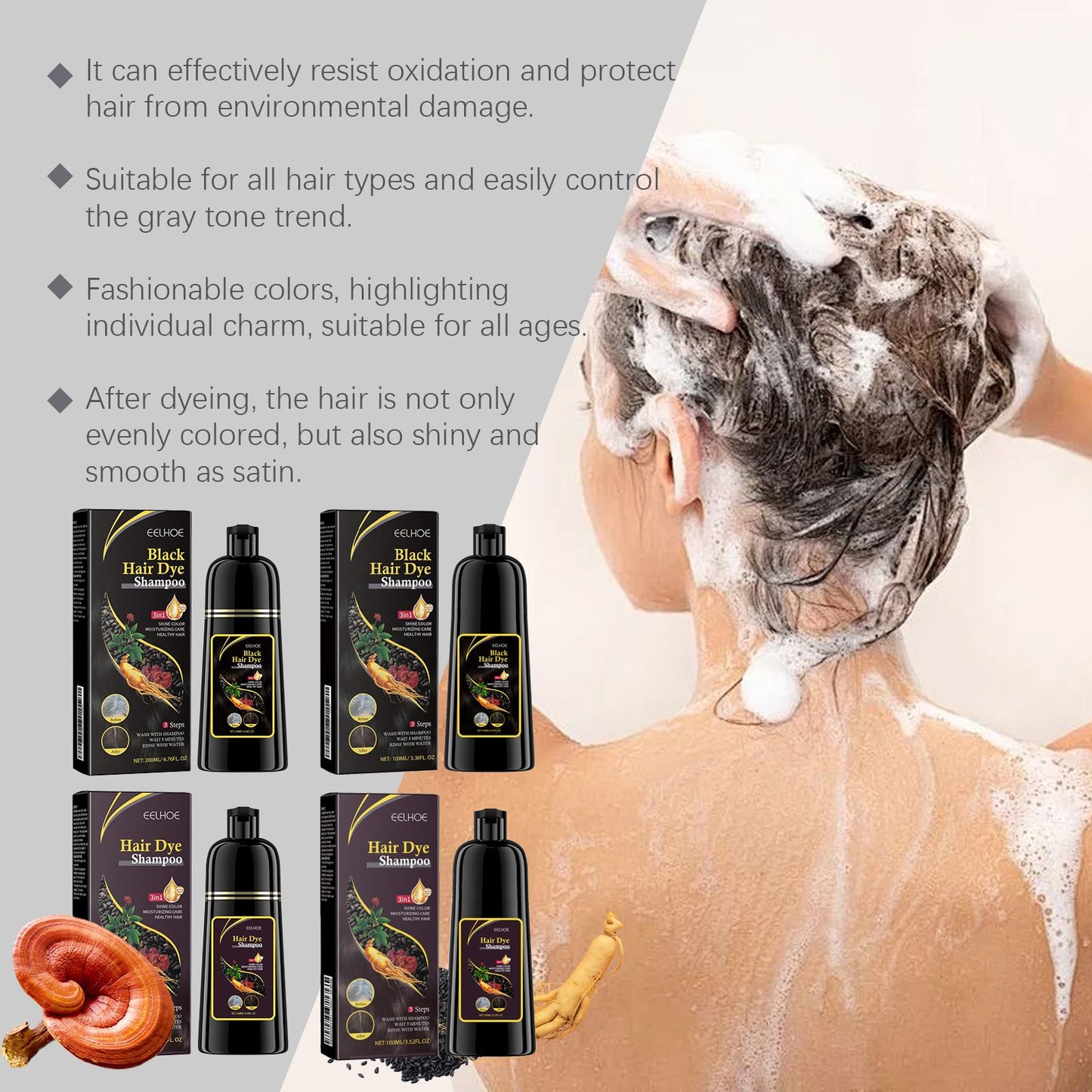 Natural 3-in-1 Hair Color Shampoo with Plant Extracts for Gray Coverage highlighting its fashionable colors and suitability for all hair types.