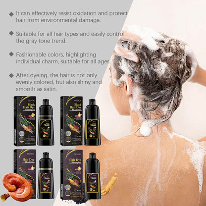 Natural 3-in-1 Hair Color Shampoo with Plant Extracts for Gray Coverage highlighting its fashionable colors and suitability for all hair types.