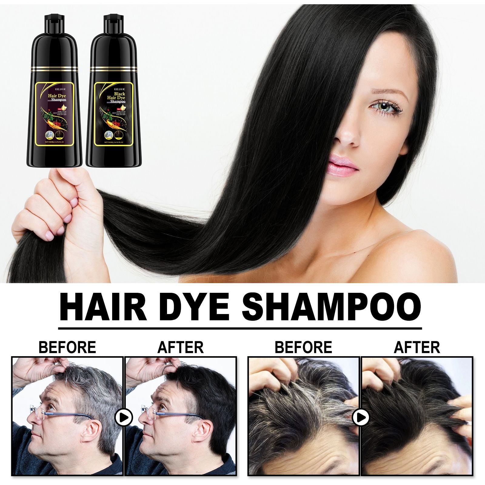 Organic 3-in-1 Hair Color Shampoo 500ml - Use comparison image showing transformation of gray hair to a nourished black shade.