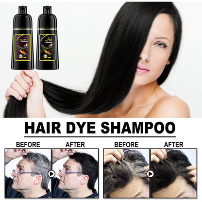 Organic 3-in-1 Hair Color Shampoo 500ml - Use comparison image showing transformation of gray hair to a nourished black shade.