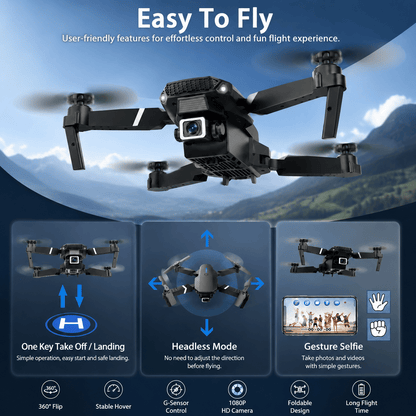 User-friendly features of the Advanced 1080P Camera Foldable RC Drone with Dual Batteries & Carry Case, including one-key takeoff, headless mode, and gesture control for capturing photos, ideal for kids and beginners exploring 1080p camera drones.