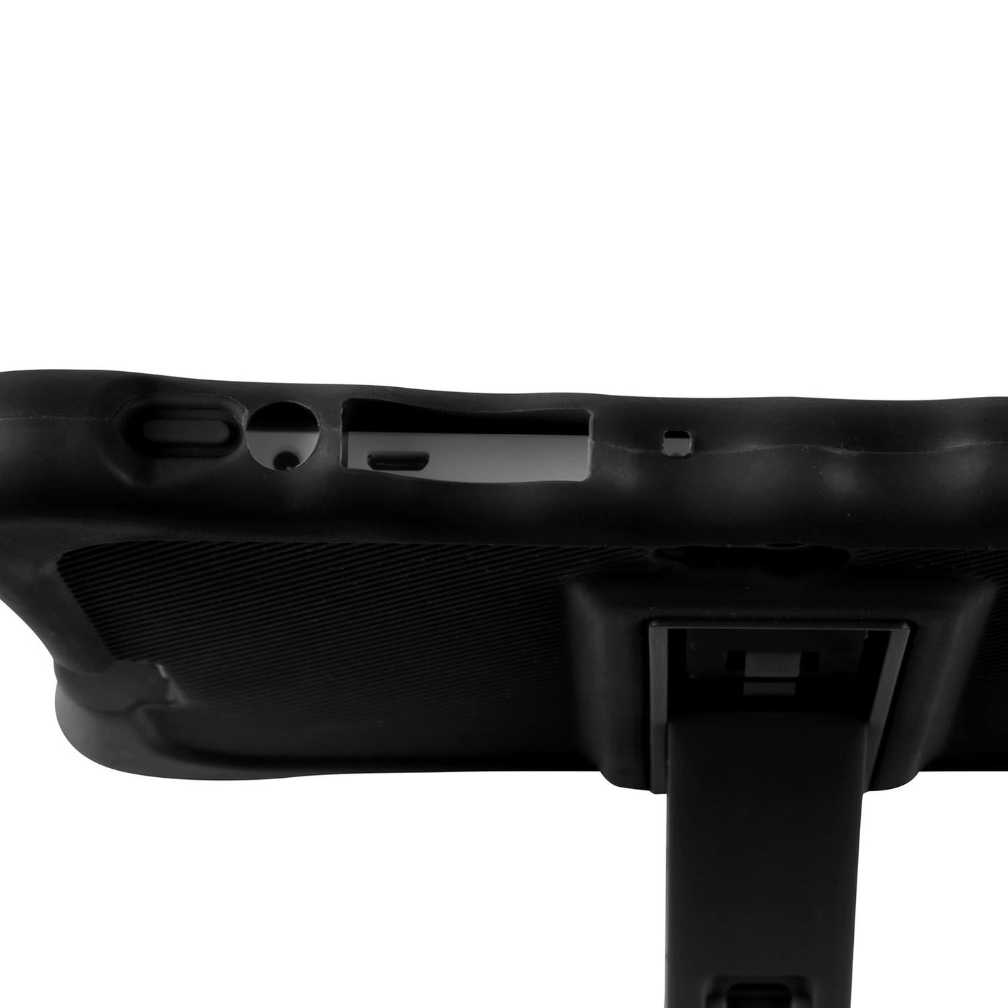 Close-up of the top of a shock-resistant silicone tablet case, highlighting a built-in stand for easy viewing.
