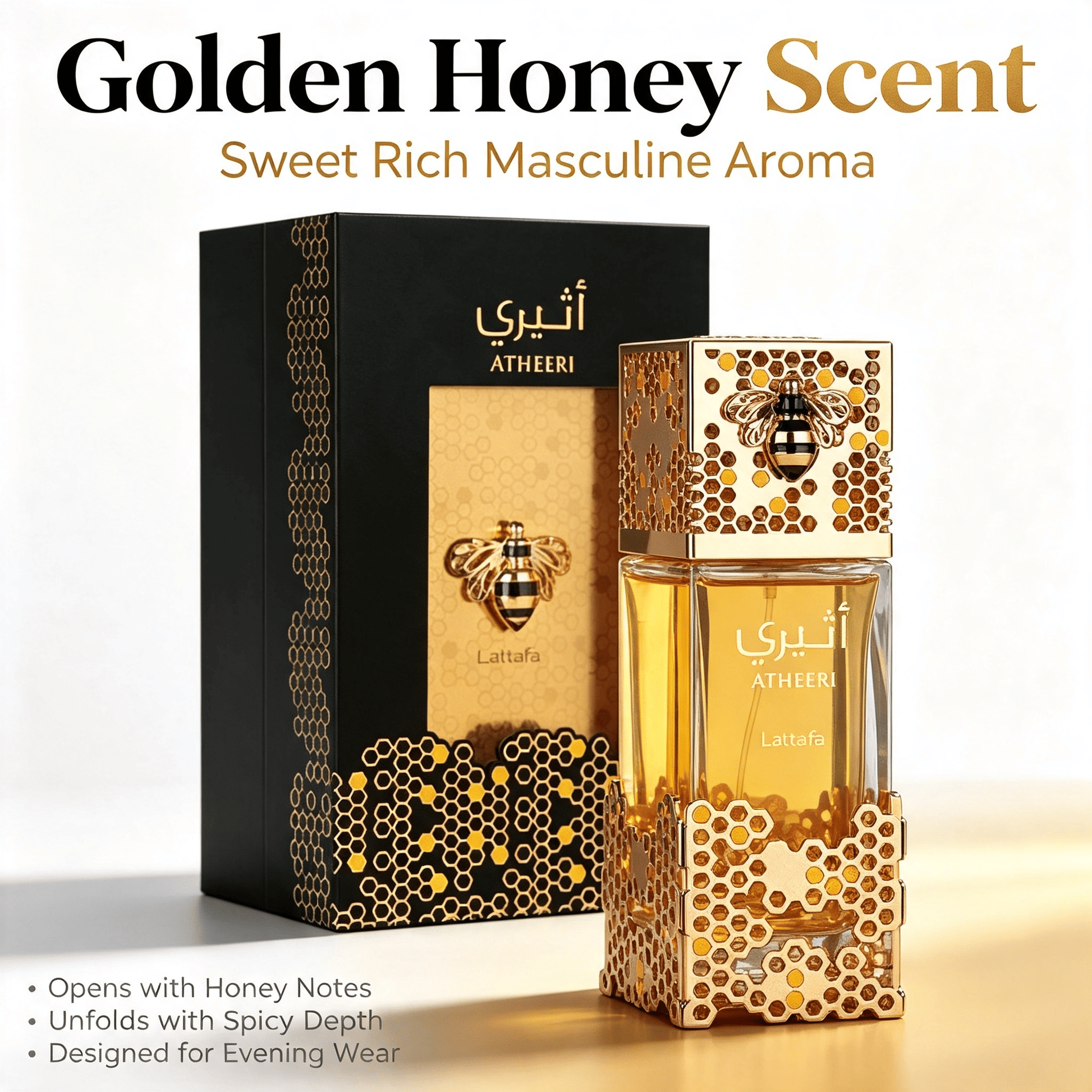 Unisex Eau de Parfum 100ml celebrating golden honey scent with a rich masculine aroma perfect for evening wear.