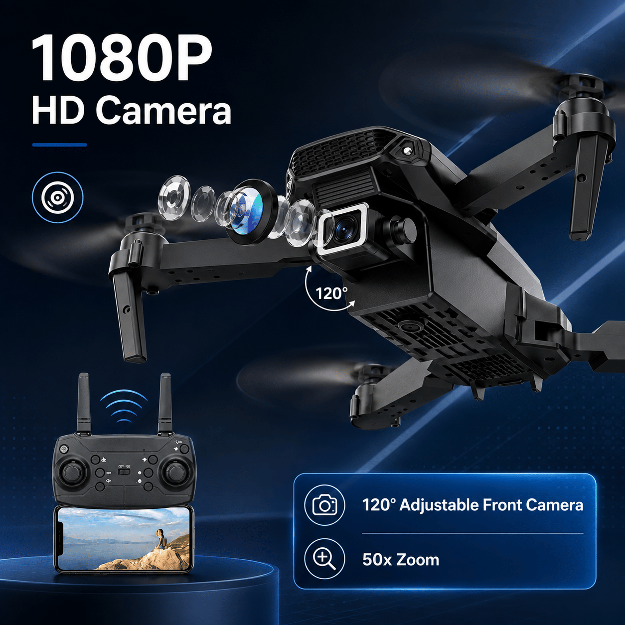 Close-up of the Advanced 1080P Camera Foldable RC Drone with Dual Batteries & Carry Case, highlighting the 1080P HD camera and adjustable 120° front camera, perfect for capturing stunning aerial shots and ideal for kids and beginners alike.