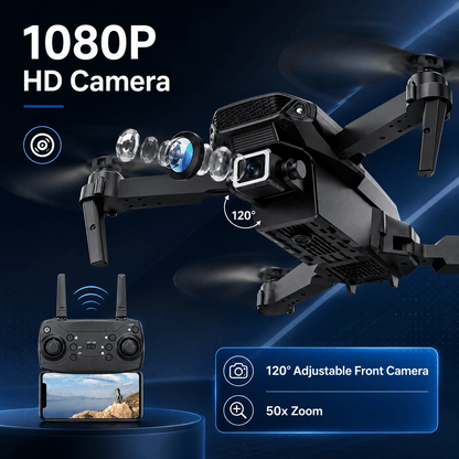 Close-up of the Advanced 1080P Camera Foldable RC Drone with Dual Batteries & Carry Case, highlighting the 1080P HD camera and adjustable 120° front camera, perfect for capturing stunning aerial shots and ideal for kids and beginners alike.