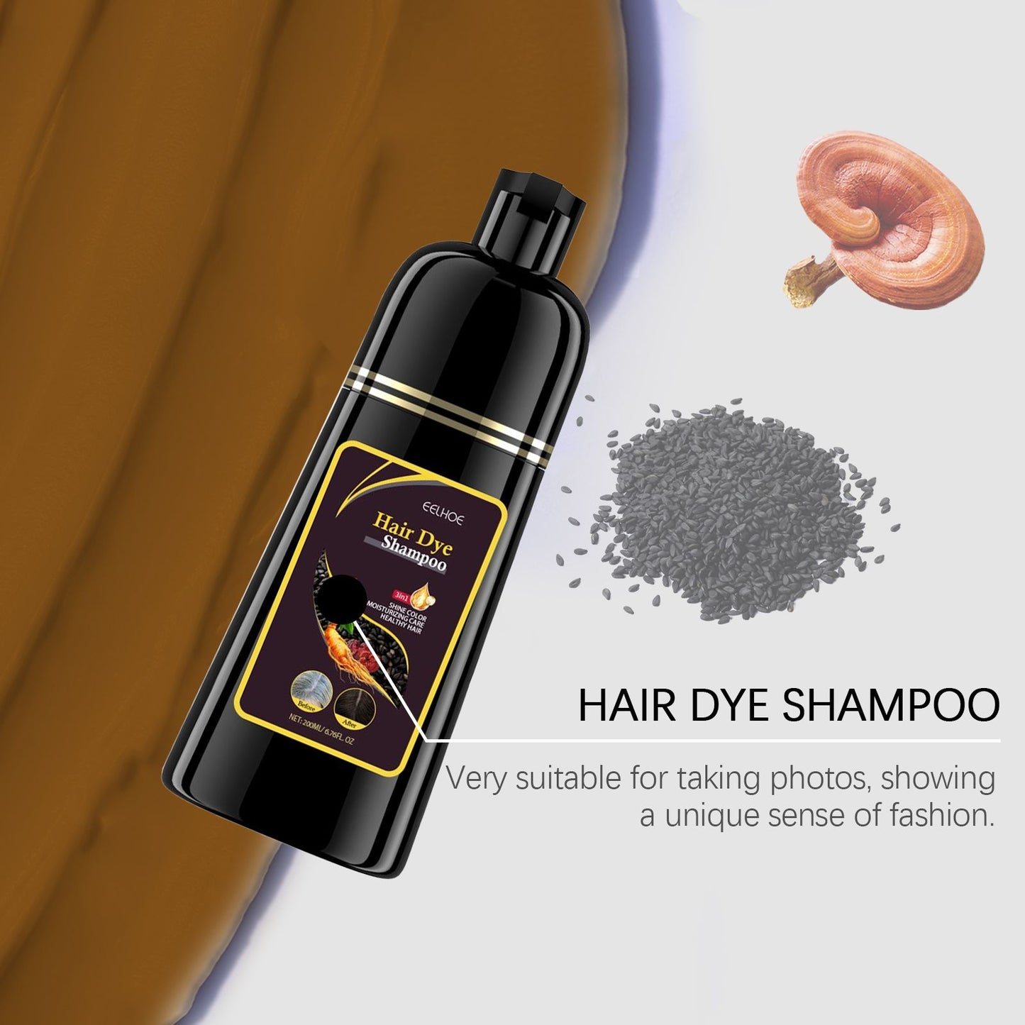 Natural 3-in-1 Hair Color Shampoo with Plant Extracts for Gray Coverage displayed with its unique coloring formula suitable for modern hair styling.