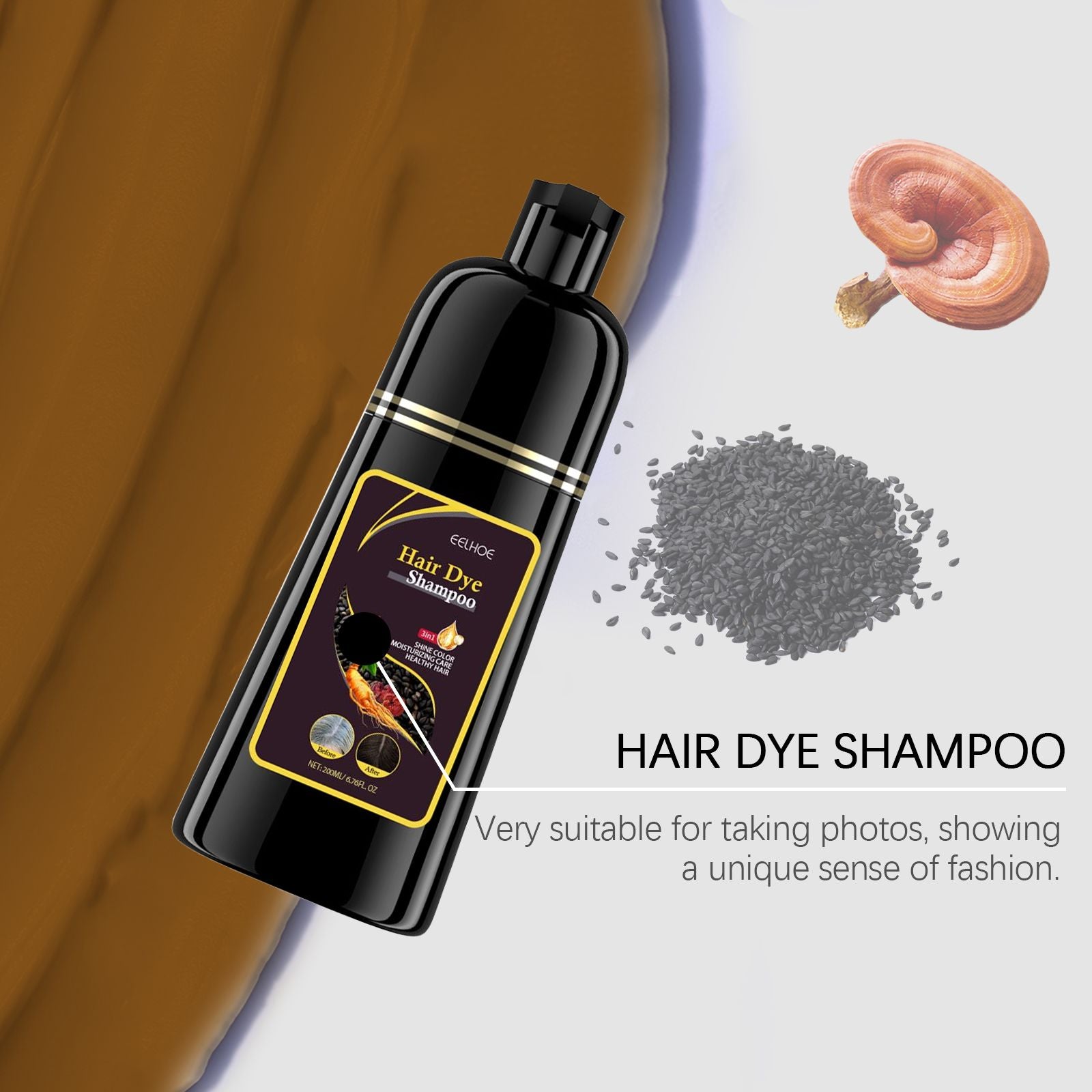 Natural 3-in-1 Hair Color Shampoo with Plant Extracts for Gray Coverage displayed with its unique coloring formula suitable for modern hair styling.