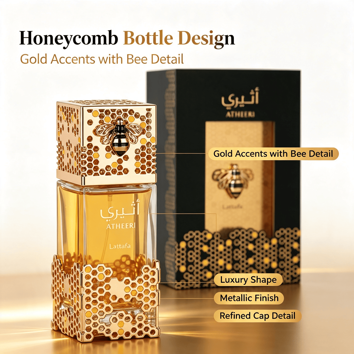 Unisex Eau de Parfum 100ml showing honeycomb bottle design with gold accents and bee detail.