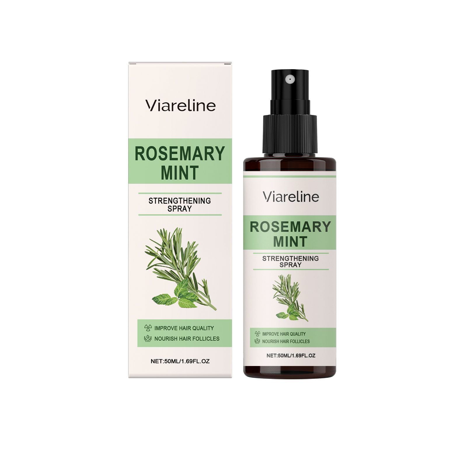 VIARELINE Rosemary Mint Infused Leave-In Hair Spray for All Hair Types - 50 ml packaging displayed on a clean background.