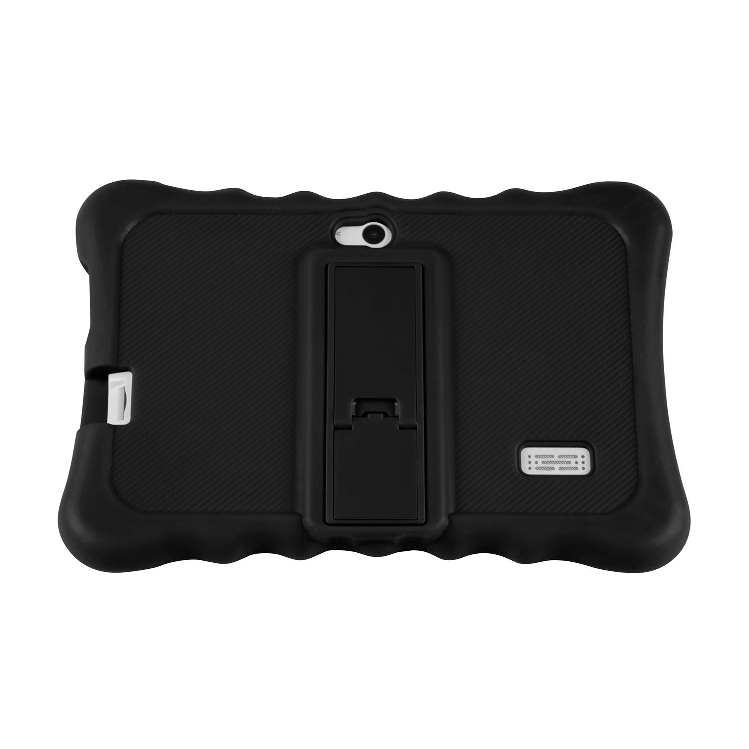 Back of the shock-resistant silicone tablet case with stand, demonstrating its accessible ports.