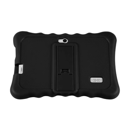 Back of the shock-resistant silicone tablet case with stand, demonstrating its accessible ports.