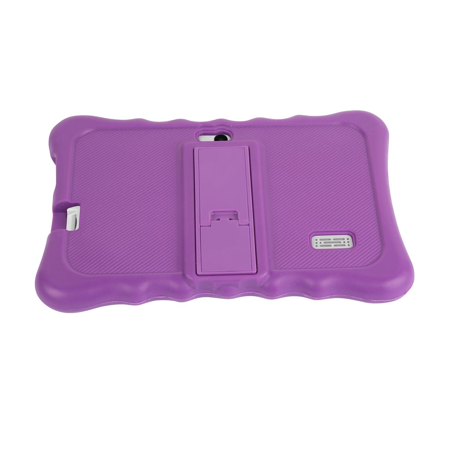 Interior view of a purple shock-resistant silicone tablet case, featuring access ports and design details.
