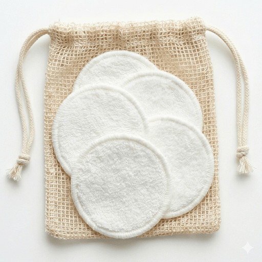 Eco-Friendly Bamboo Cotton Reusable Face Rounds in off-white soft fabric with a natural mesh drawstring laundry bag