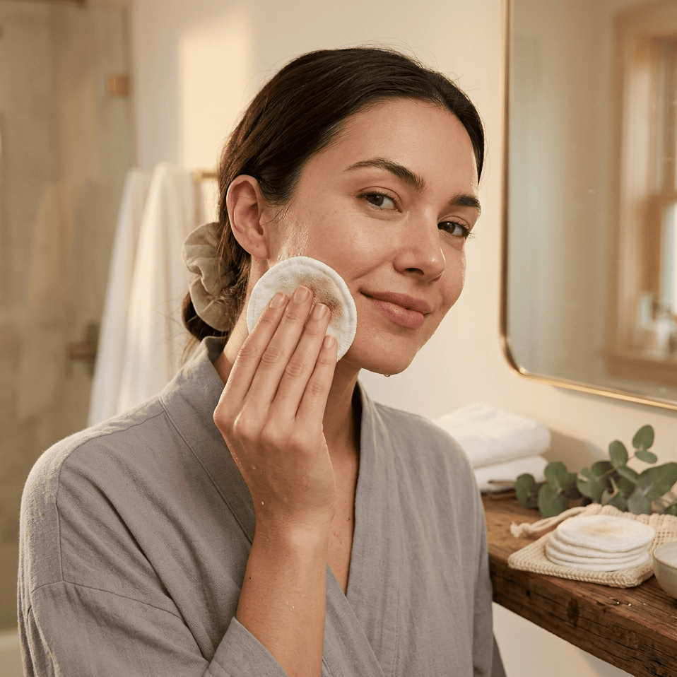 Eco-Friendly Bamboo Cotton Reusable Face Rounds in natural off-white being used for gentle facial cleansing by a woman with soft texture visible