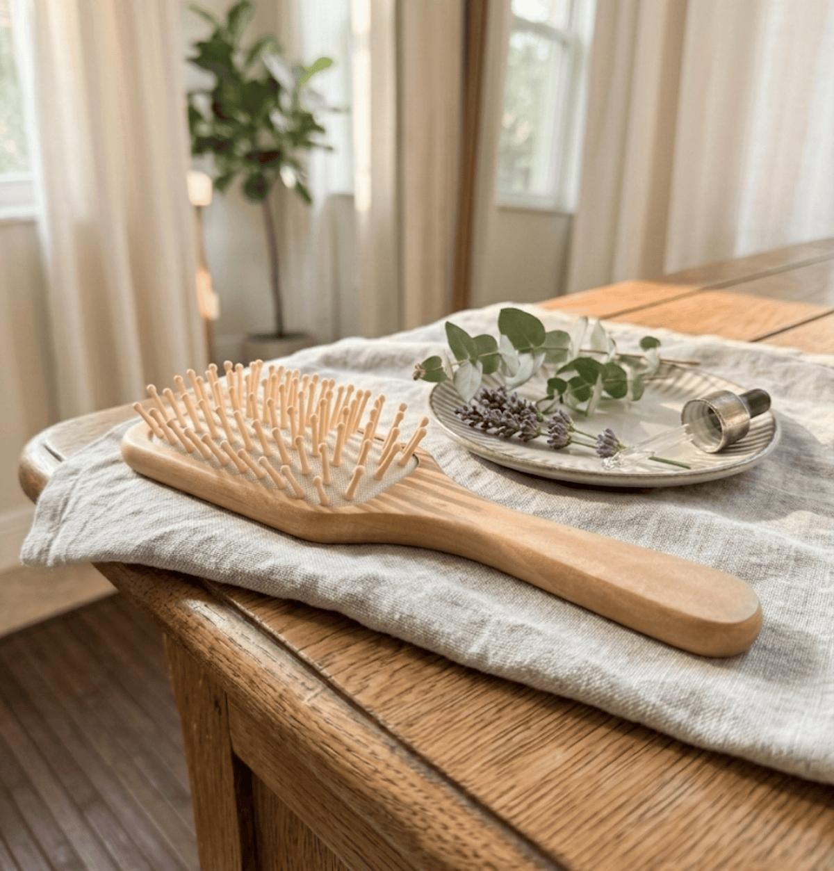 Eco-friendly bamboo paddle hairbrush with natural wooden bristles and rubber cushion for sensitive scalps