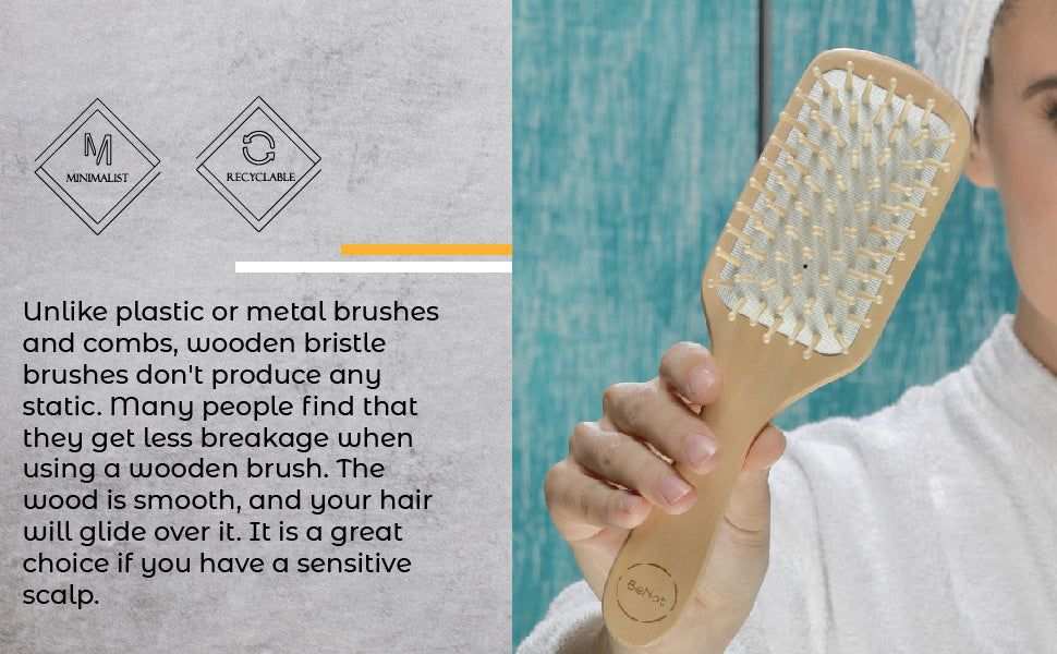 Eco-friendly bamboo paddle hairbrush with wooden bristles and rubber cushion