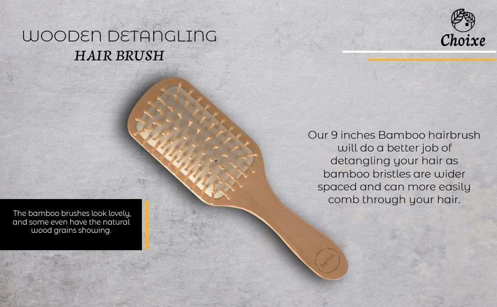 Eco-friendly bamboo paddle hairbrush with wooden bristles and rubber cushion