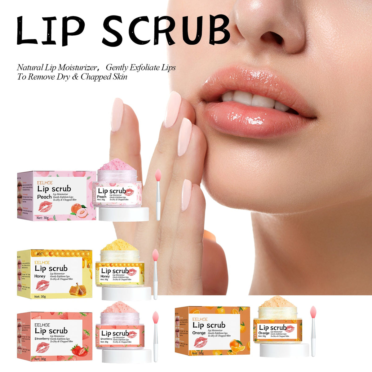 EELHOE Strawberry Lip Scrub jars in peach, honey, strawberry, and orange variants alongside a close-up of lips with natural glossy finish applying lip scrub