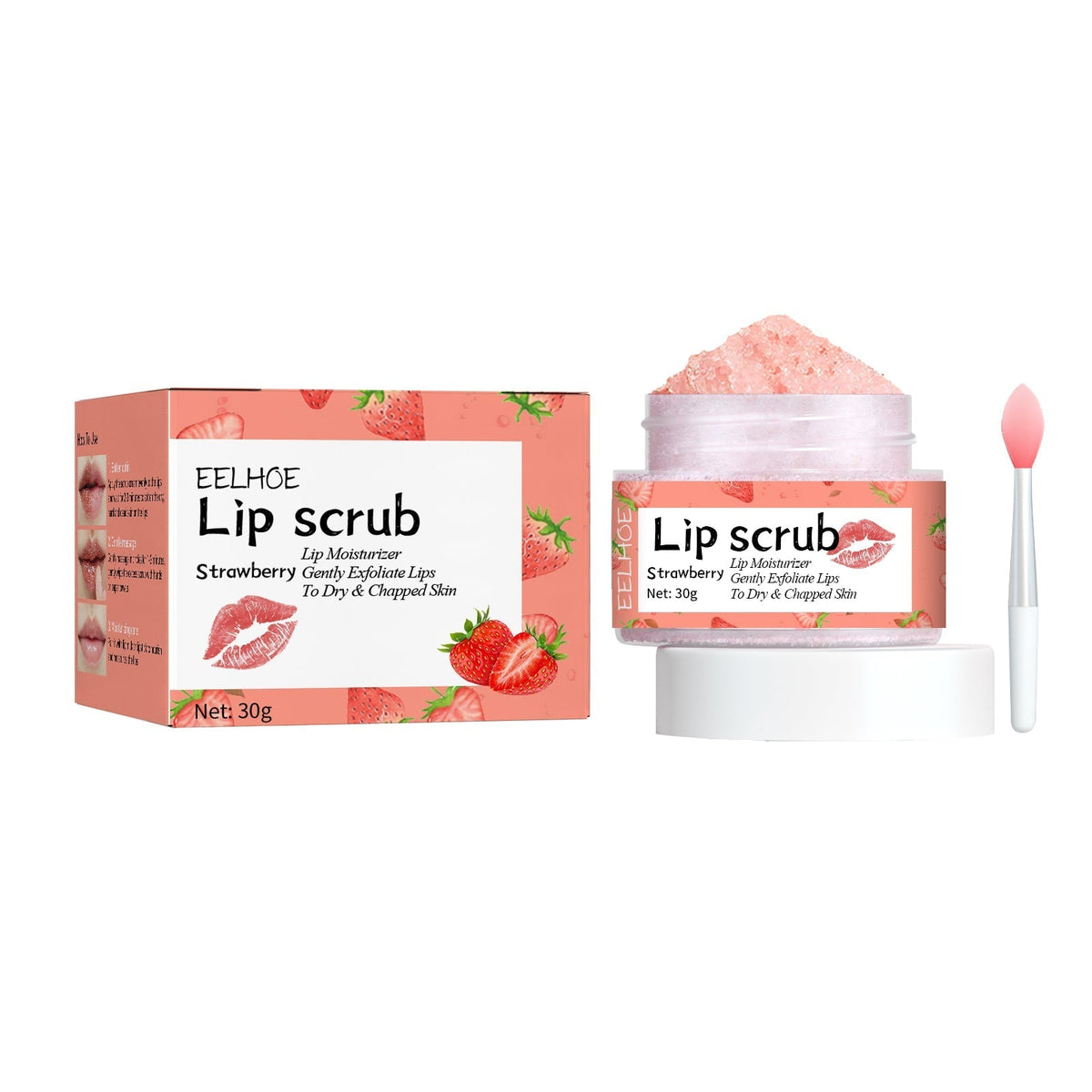 EELHOE Strawberry Lip Scrub with pink sugar exfoliant, clear jar, white lid, and spatula for dry, chapped lips.