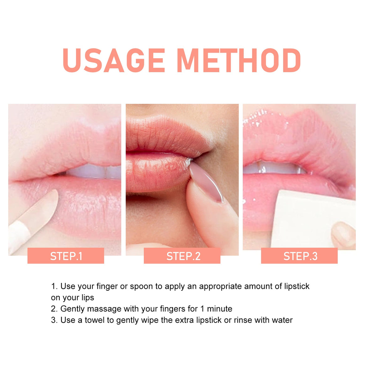 Step-by-step usage method of EELHOE Strawberry Lip Scrub with close-ups of applying, massaging, and wiping lips for exfoliation