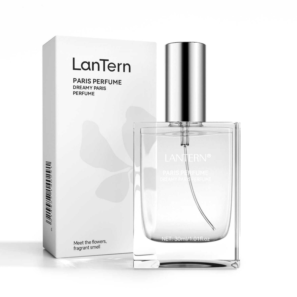 Clear rectangular glass perfume spray bottle with silver cap and minimal white text, next to white box packaging with black text and a subtle floral graphic, showcasing the Enchanting Dreamy Paris scent.