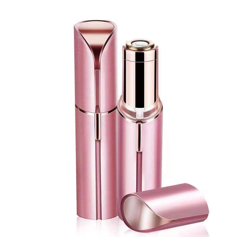 Facial Hair Remover Women in metallic pink lipstick-sized design with stainless steel trimming head and removable cap for precision grooming.
