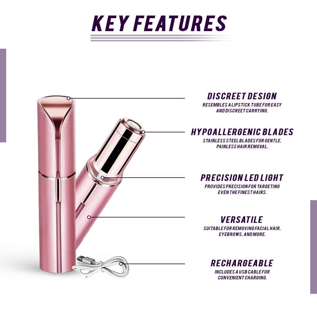 Facial Hair Remover Women in sleek metallic pink, lipstick-sized with hypoallergenic stainless steel blades and precision LED light
