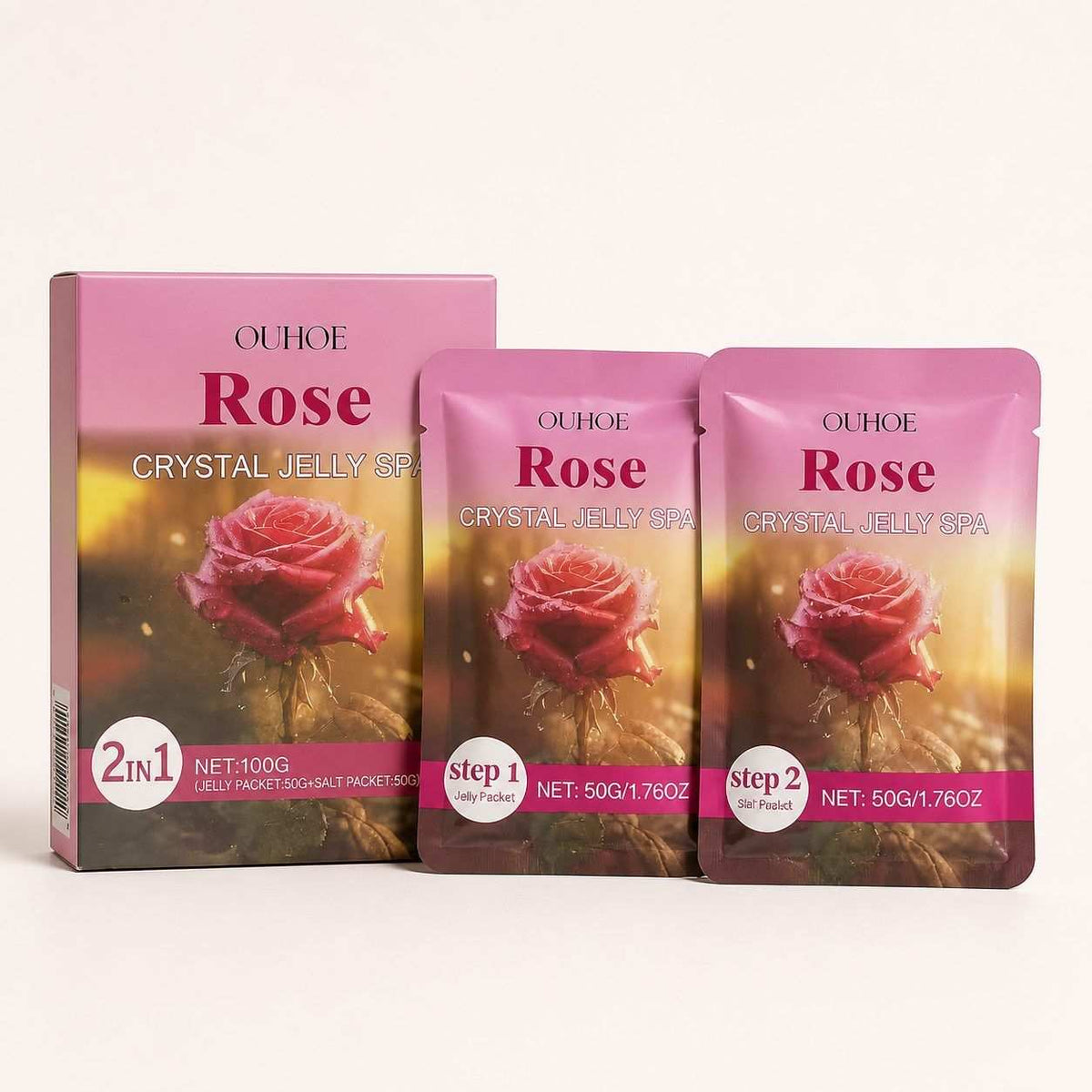 Foot Exfoliating Gel set in pink packaging with a rose image, including two 50g sachets labeled step 1 and step 2