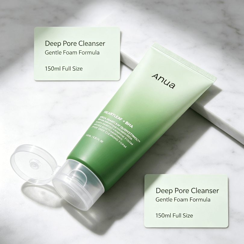 Gentle Daily Facial Cleanser in a green gradient squeeze tube with clear flip-top cap, labeled Heartleaf BHA pore deep cleanser