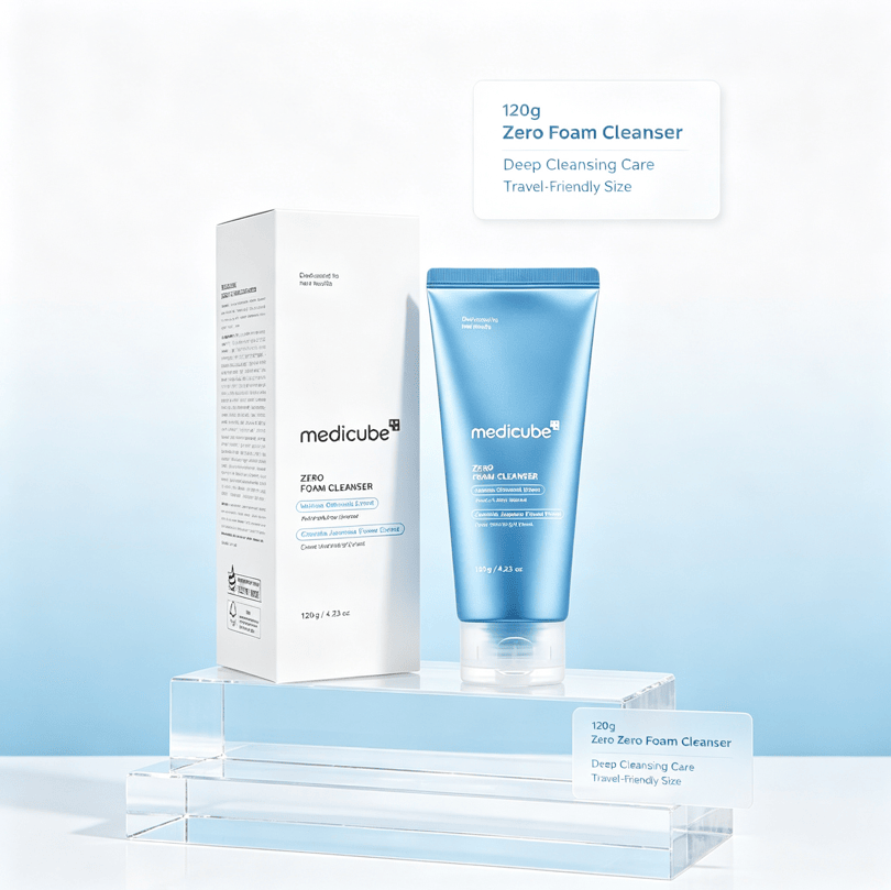 Gentle Zero Foam Facial Cleanser in shiny blue squeeze tube with white text, next to its white rectangular box with black text