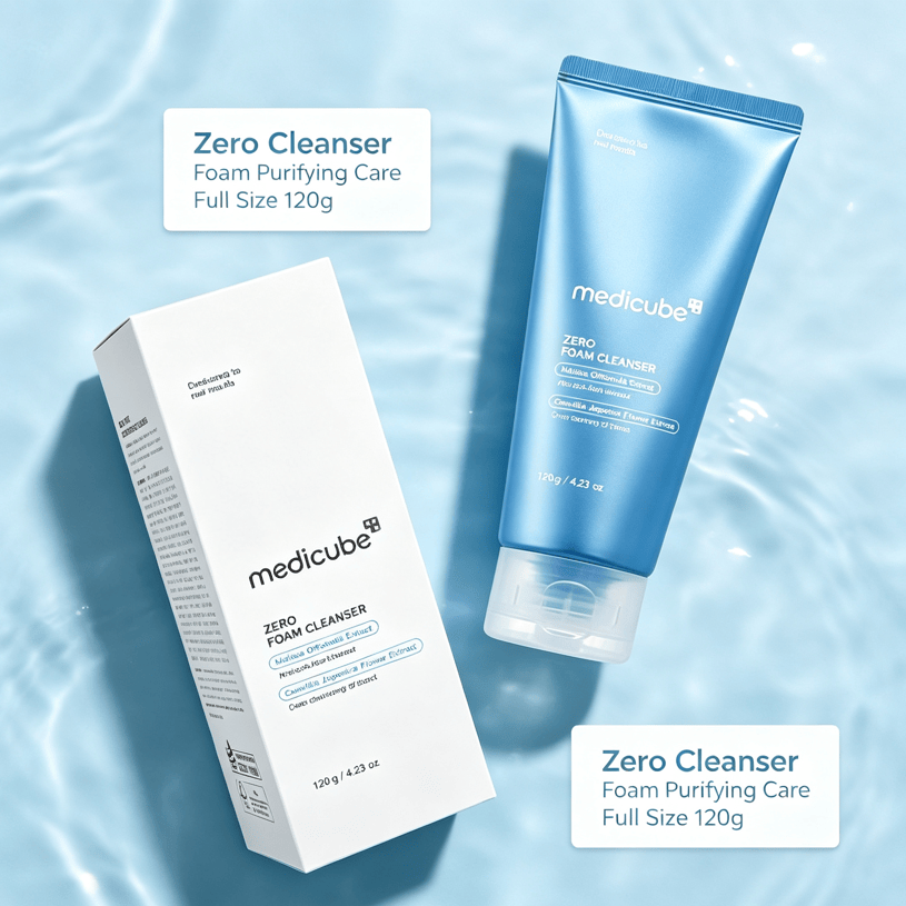 Gentle Zero Foam Facial Cleanser in a blue squeeze tube with white text, accompanied by white product box with black text and blue highlights.