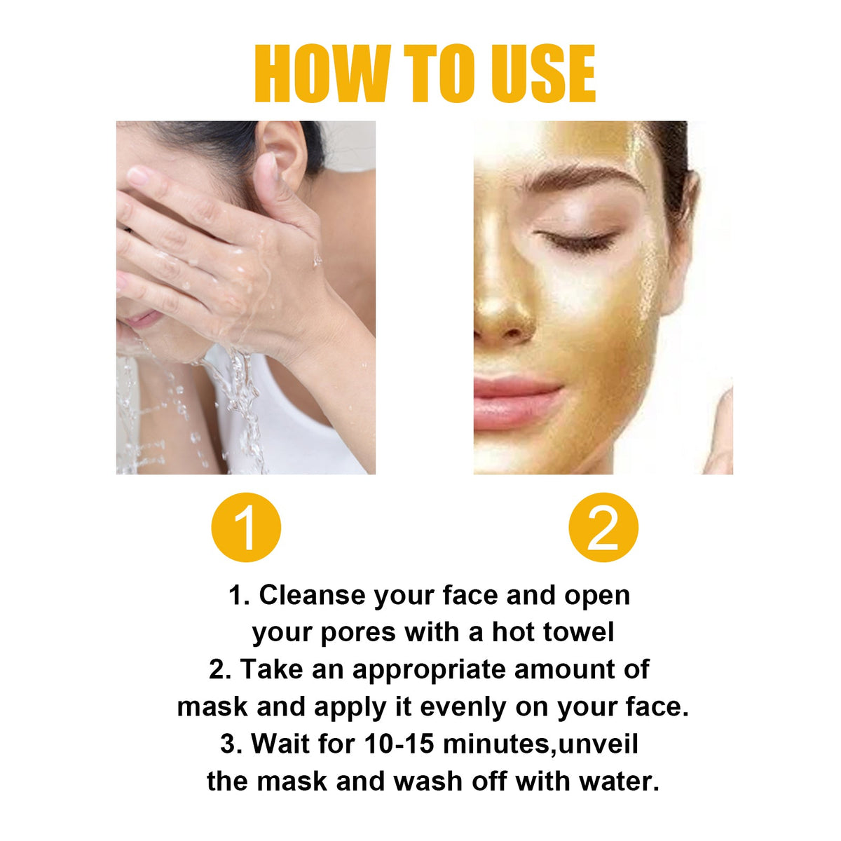 Golden Peel Off Mask applied evenly on face showing smooth, shiny gold texture with instructions and a woman cleansing her face with water