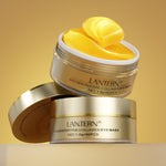 Golden Peptide Collagen eye patches in gold gel with a smooth, curved shape inside a shiny gold jar, 60 pieces