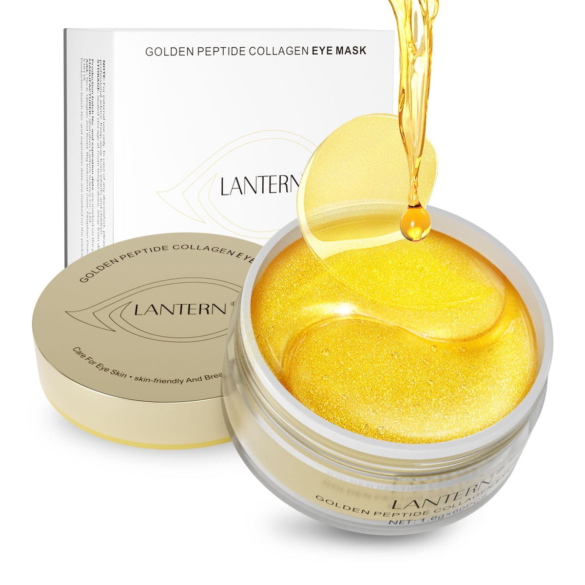 Golden Peptide Collagen eye patches in shiny golden hydrogel texture with a round jar and gold lid, featuring nourishing essence droplets