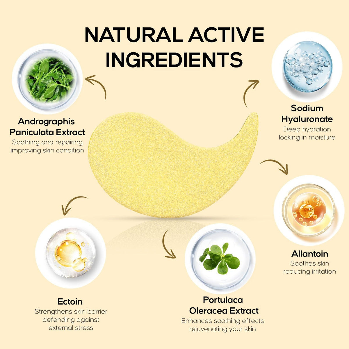 Golden Peptide Collagen eye patch in yellow with natural active ingredients including Andrographis, Sodium Hyaluronate, Ectoin, Allantoin, and Portulaca extracts