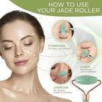 Gua Sha Board set featuring a green natural resin facial roller with metal handle, demonstrating massage areas on a woman's face with eyebrow, cheek, and jawbone focus
