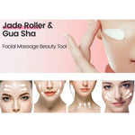 Gua Sha Board and jade roller facial massage tools shown with application diagrams on face and neck for skincare