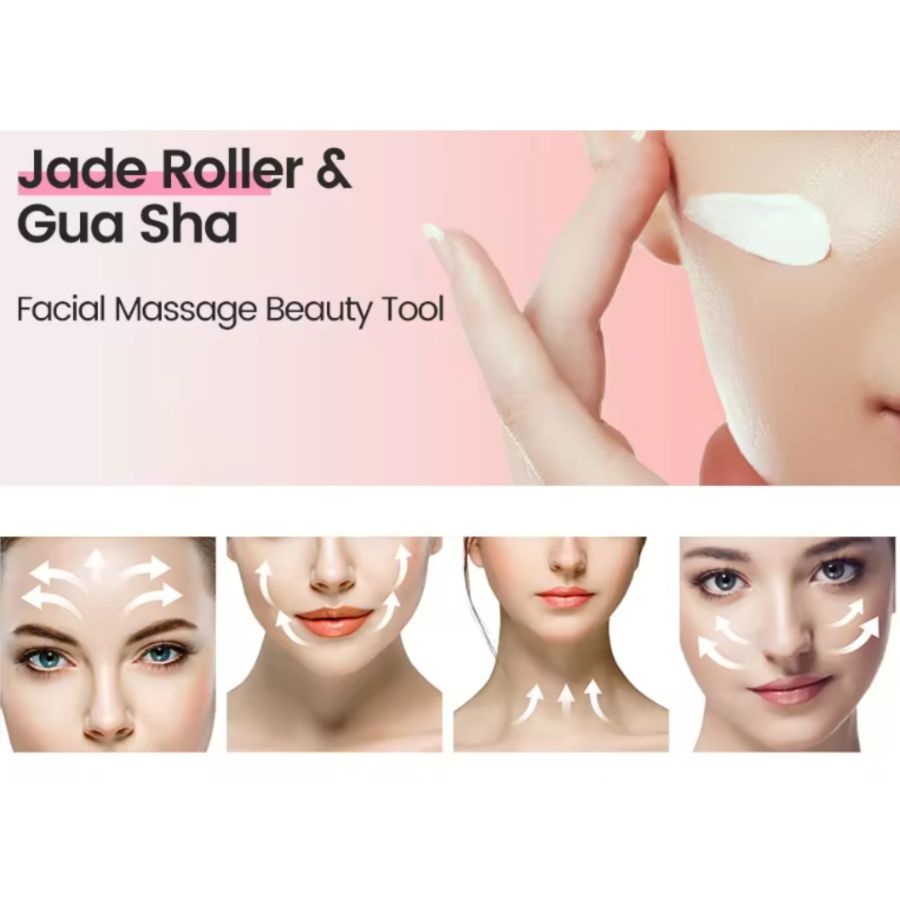 Gua Sha Board and jade roller facial massage tools shown with application diagrams on face and neck for skincare