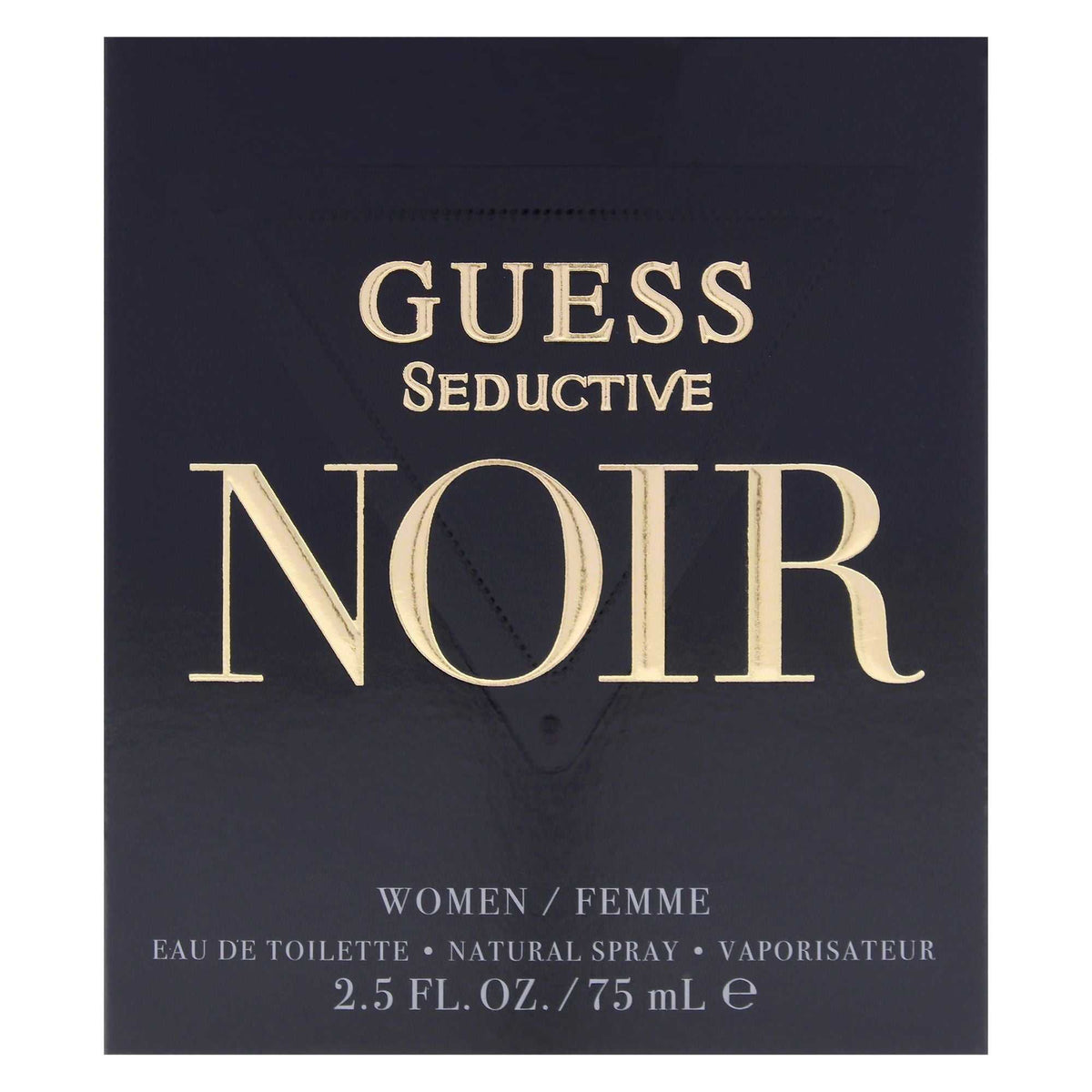 Guess Seductive Noir women's eau de toilette box in matte black with gold embossed text and minimalist design