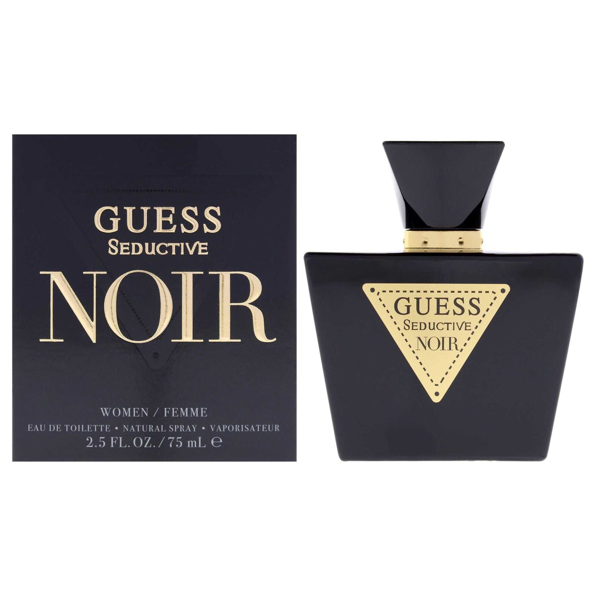 Guess Seductive Noir women's eau de toilette spray in a matte black triangular bottle with gold accents and matching black and gold box