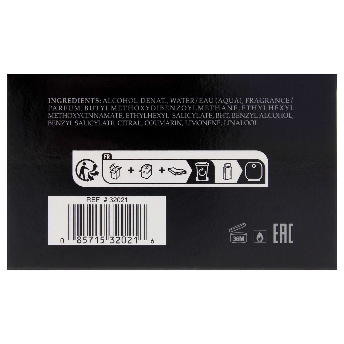 Guess Seductive Noir black packaging box with white text displaying ingredients, barcode, and handling symbols for perfume