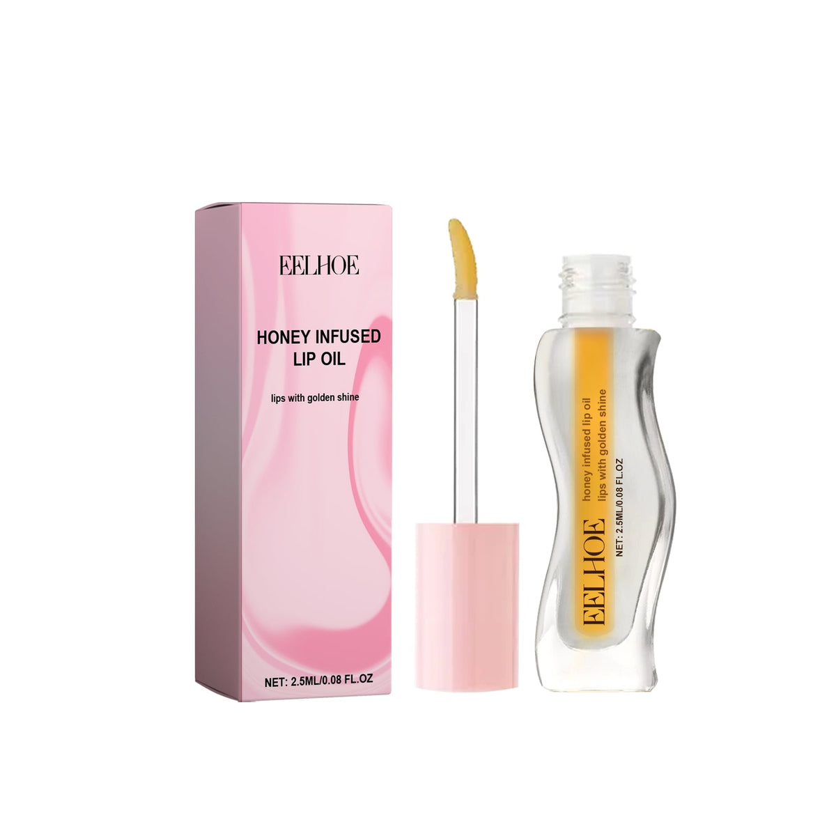 Honey Infused Lip Oil with transparent curved glass bottle, yellow oil inside, and pink cap with applicator wand